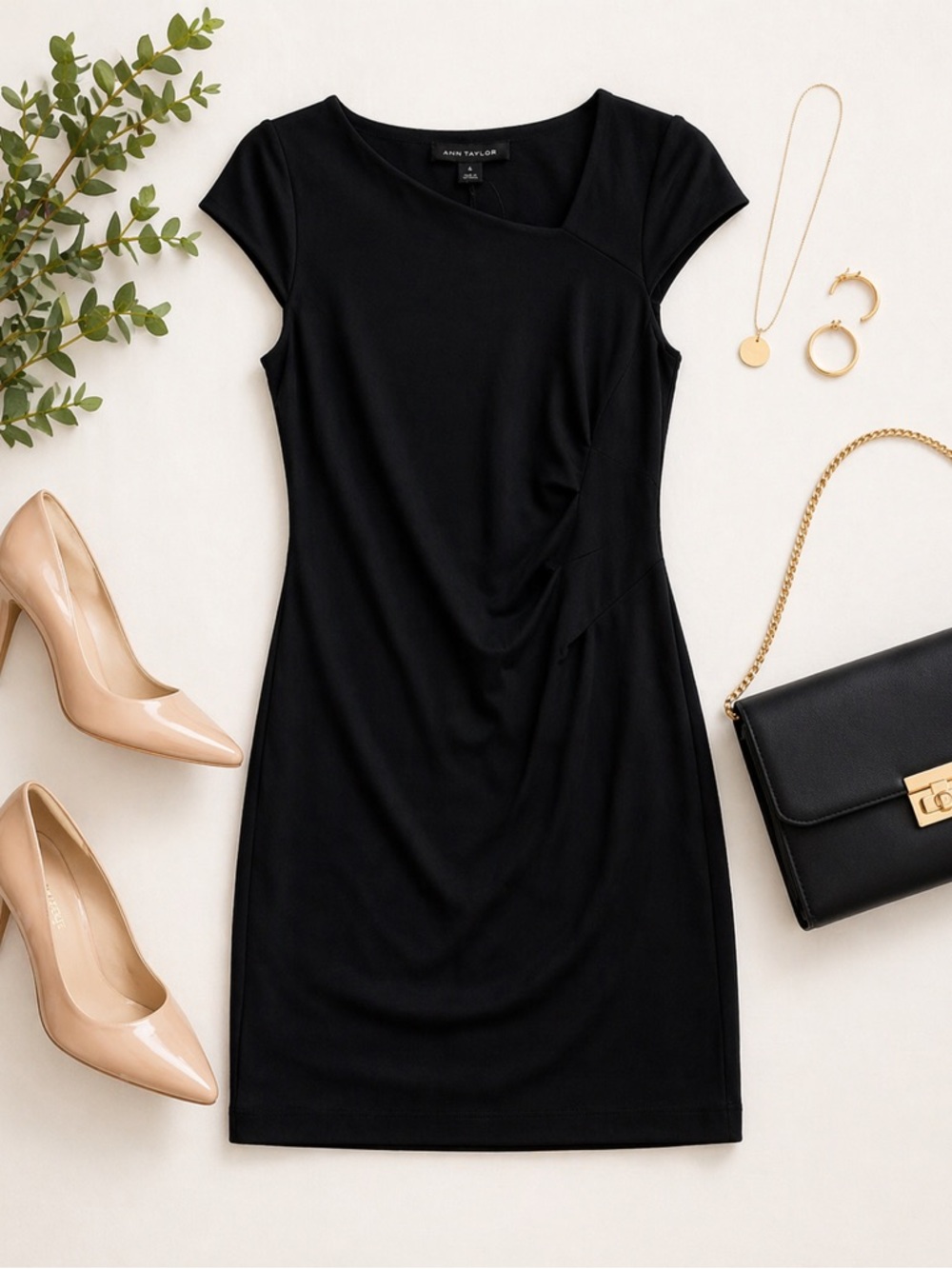 Ann Taylor Roughed Cap sleeve Black dress NEW